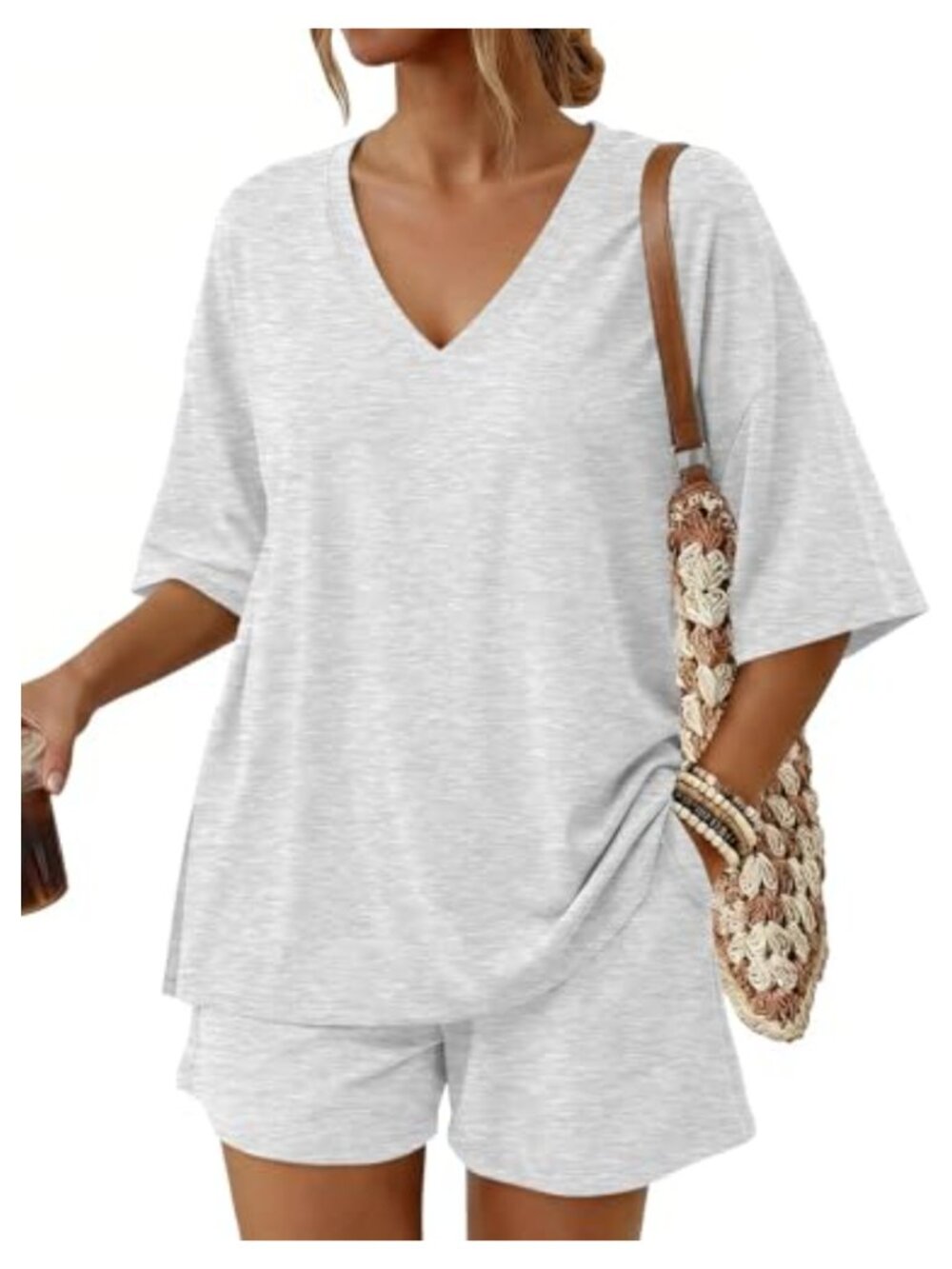 Womens Two Piece Short Set Loose Lounge Outfit with Pockets V Neck